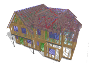 3D timber frame model of a house showing the roof structure and Posi-Joist floors